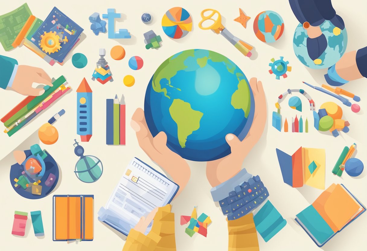 How Reading Comprehension Supports Cross-Curricular Learning: Building Bridges Across Subjects reading comprehension,Phonics,Comprehension LearningMole reading comprehension: A child's hand holding a book with colorful illustrations, surrounded by various educational materials like a globe, microscope, and math manipulatives