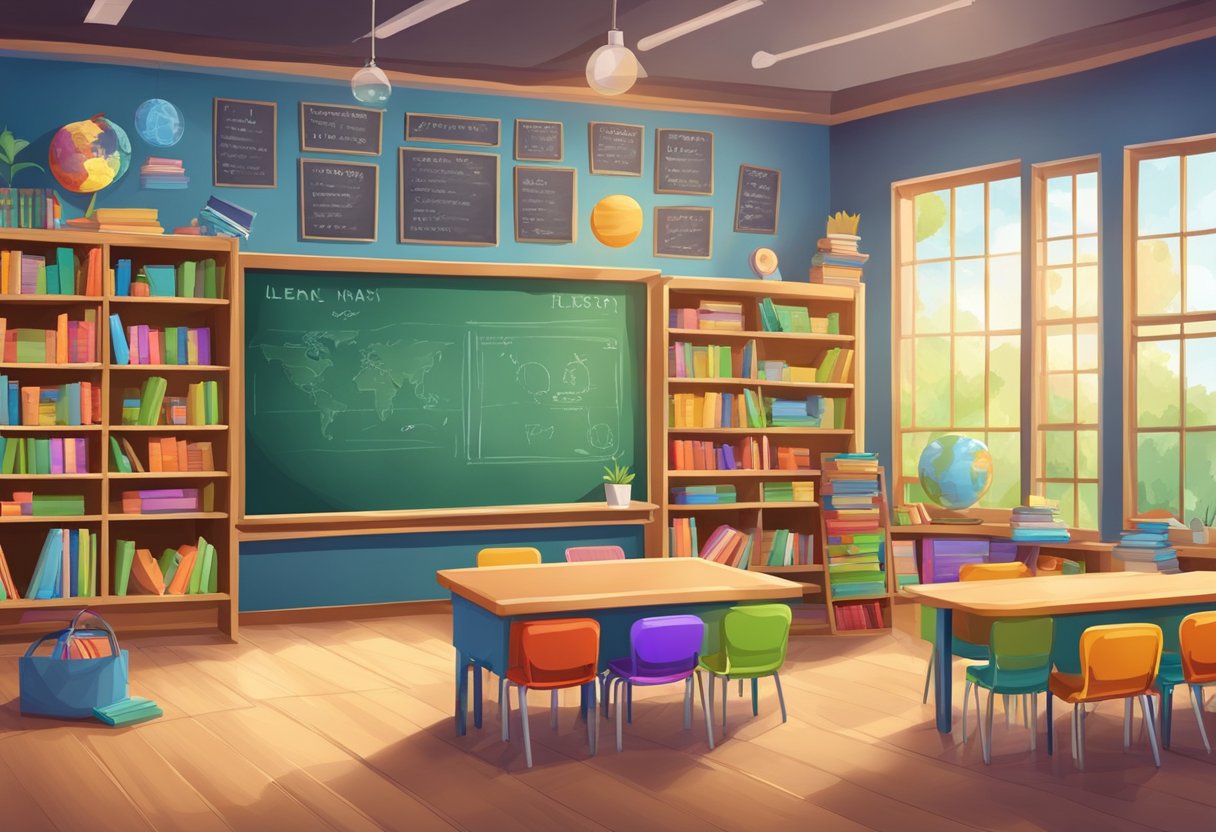 Comprehensive Guide to Spelling and Vocabulary for Primary Students: Building Strong Language Skills from Day One Spelling and Vocabulary,Vocabulary LearningMole Spelling and Vocabulary: A colorful classroom with a large chalkboard displaying various spelling and vocabulary words, surrounded by shelves of books and educational posters