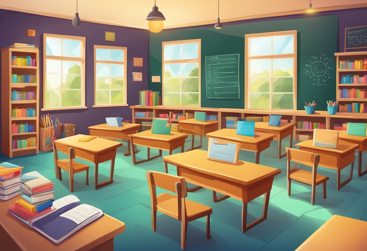 Comprehensive Guide to Spelling and Vocabulary for Primary Students: Building Strong Language Skills from Day One Spelling and Vocabulary,Vocabulary LearningMole Spelling and Vocabulary: A colorful classroom with books, pencils, and educational posters on the walls, a chalkboard with spelling and vocabulary exercises, and a teacher's desk with teaching materials