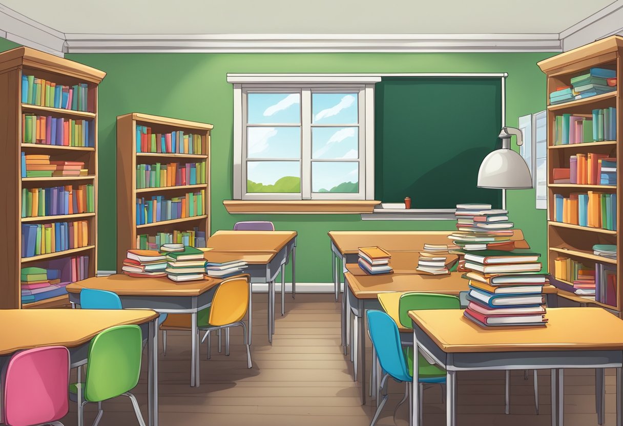 Comprehensive Guide to Spelling and Vocabulary for Primary Students: Building Strong Language Skills from Day One Spelling and Vocabulary,Vocabulary LearningMole Spelling and Vocabulary: A colorful classroom with shelves of books, a chalkboard, and a stack of spelling and vocabulary worksheets on a desk