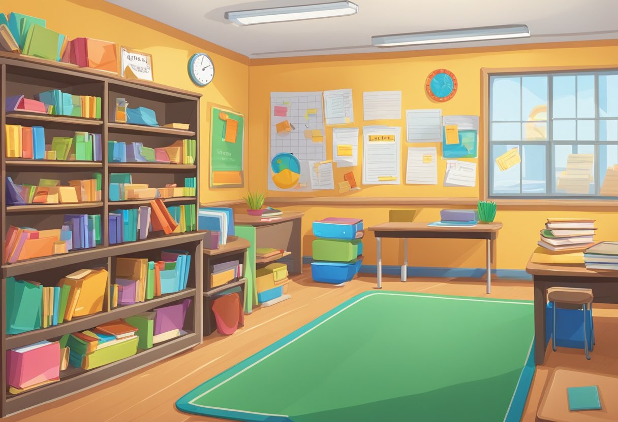 Comprehensive Guide to Spelling and Vocabulary for Primary Students: Building Strong Language Skills from Day One Spelling and Vocabulary,Vocabulary LearningMole Spelling and Vocabulary: A colorful classroom with shelves of books, a whiteboard, and a desk with educational materials scattered about. A poster on the wall displays spelling and vocabulary rules