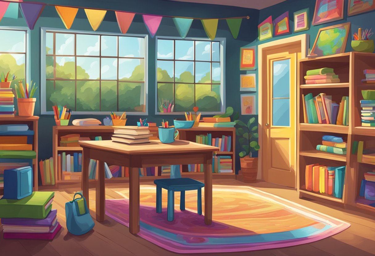 creative writing: A colorful classroom with a chalkboard filled with imaginative drawings, shelves stocked with books, and a cozy reading nook with bean bags and bright posters