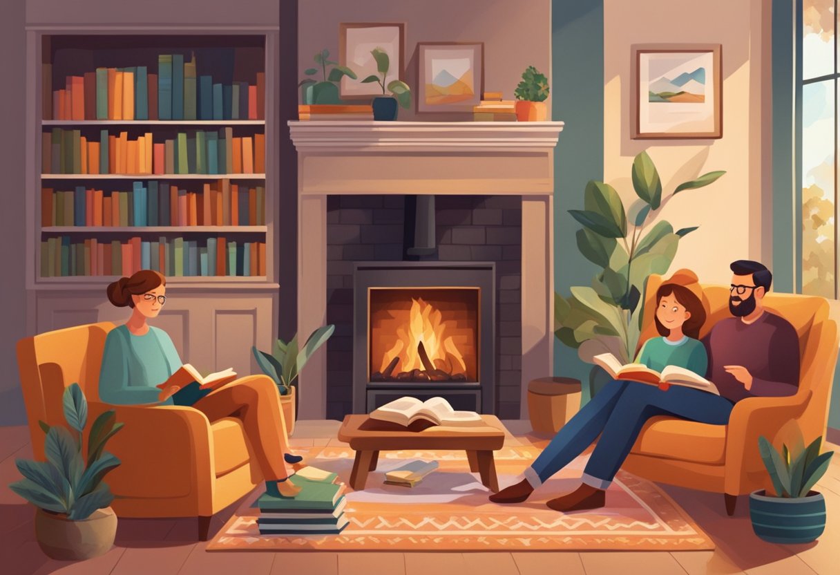 Reading assessment: A cozy living room with a warm fireplace, a bookshelf filled with colorful books, and a family of four sitting together reading and discussing a story