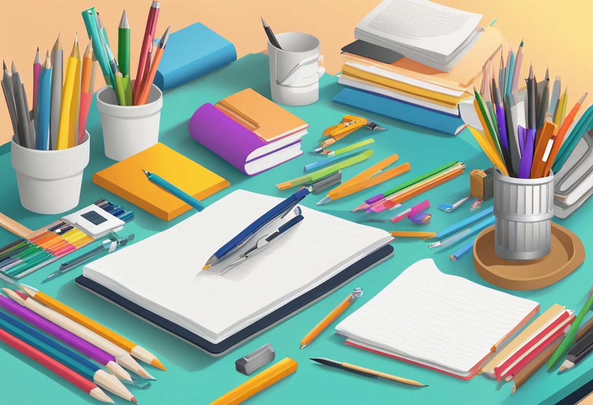 creative writing: A colorful array of writing tools and materials spread out on a desk, surrounded by vibrant illustrations and examples of creative writing