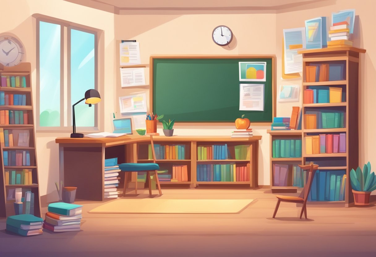 Advanced Creative Writing Techniques for Upper Primary Classes: Sparking Imagination in 8-11 Year Olds creative writing LearningMole creative writing: A cozy classroom with colorful posters and shelves of books. A teacher's desk with writing materials and a whiteboard filled with creative writing tips