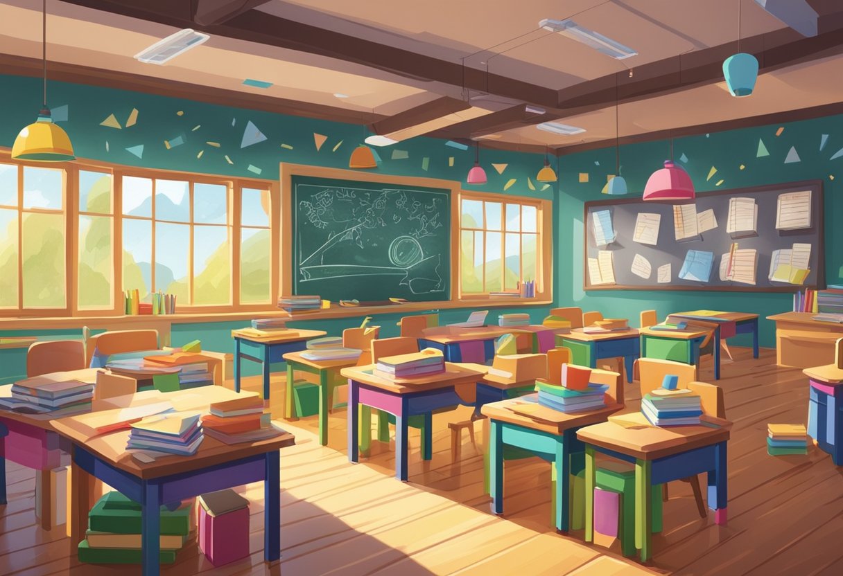 Advanced Creative Writing Techniques for Upper Primary Classes: Sparking Imagination in 8-11 Year Olds creative writing LearningMole creative writing: A colorful classroom with books, pens, and paper scattered across desks. A chalkboard displays "Strengthening Writing Foundations Advanced Creative Writing Techniques for Upper Primary Classes." Light streams in through large windows