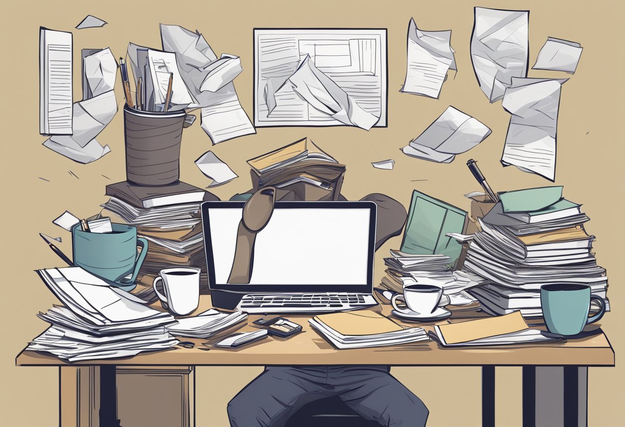 Creative Writing: A cluttered desk with crumpled papers, a spilled coffee cup, and a frustrated writer staring at a blank screen
