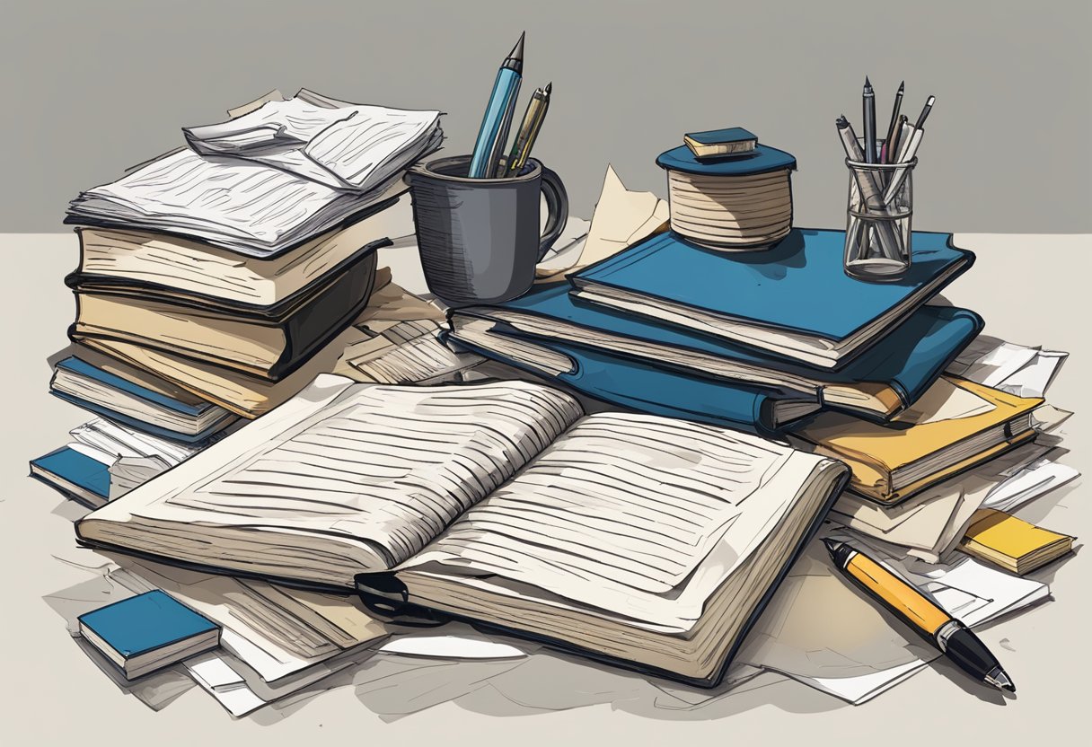 Creative Writing: A cluttered desk with spilled ink, crumpled paper, and a stack of books. A pen lies abandoned next to a notebook filled with crossed-out sentences