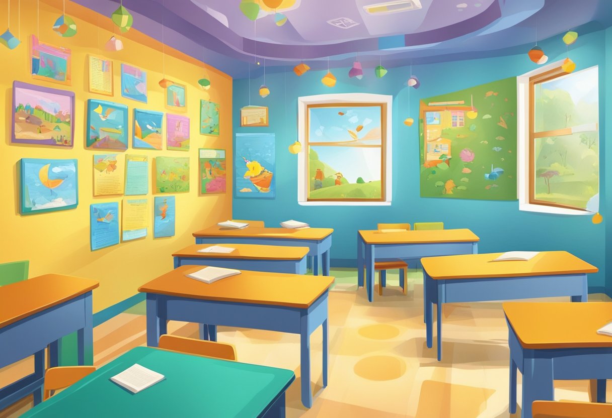 Creative Writing: A colorful classroom with children's stories and poems displayed on the walls, inspiring young minds to explore the real-life applications of creative writing in primary education