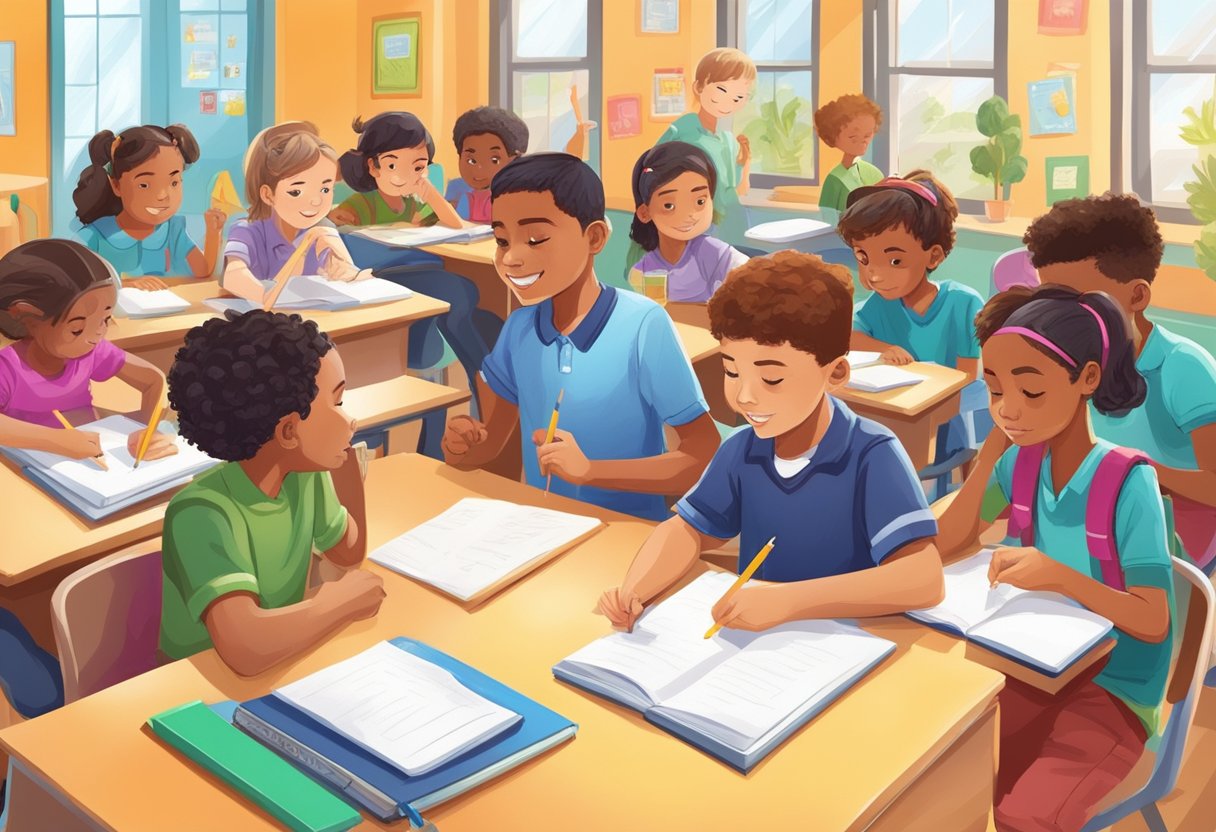 Creative Writing: A group of young students sit at desks, pencils in hand, as they eagerly brainstorm and write stories in a colorful classroom setting