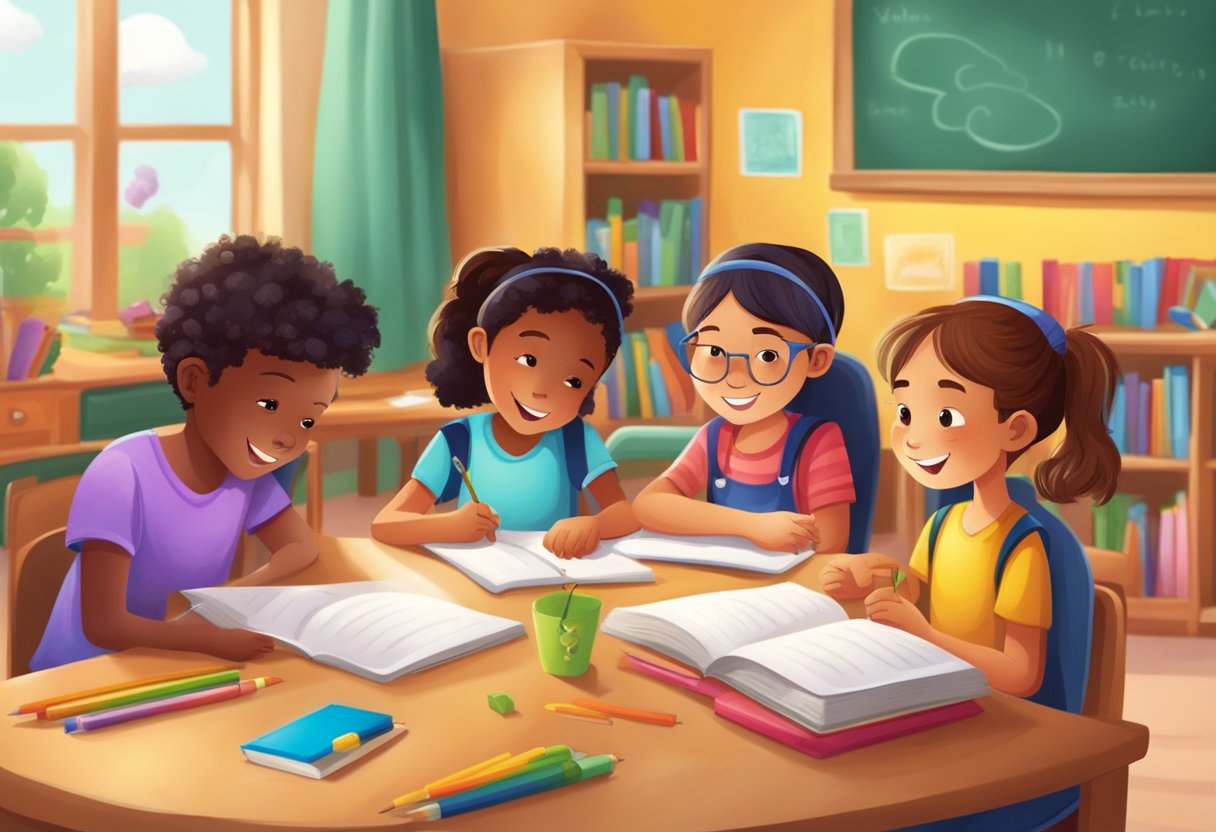 Creative Writing: A group of children engage in various creative writing activities, such as storytelling and poetry, in a colorful and lively classroom setting