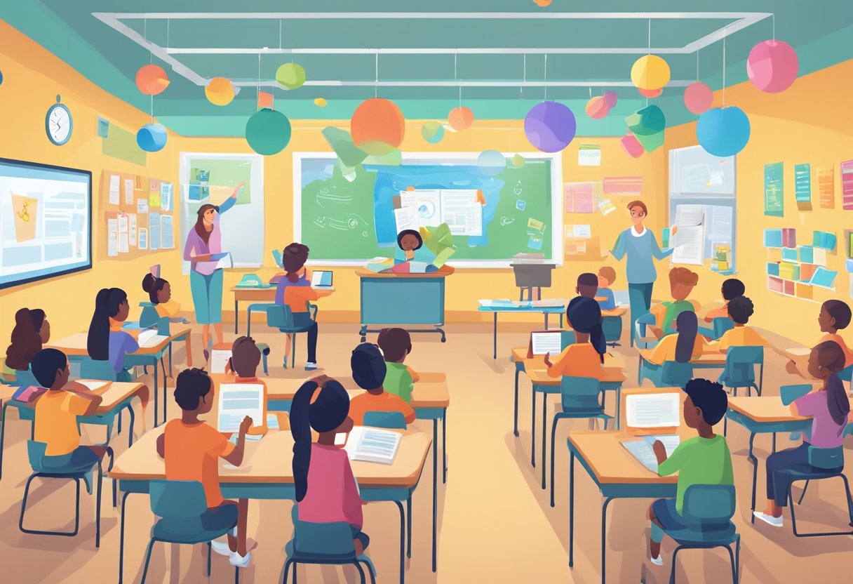 Exploring New Trends in Spelling and Vocabulary Education: Fresh Approaches for Modern Learners spelling and Vocabulary,Vocabulary LearningMole spelling and Vocabulary: A classroom with colorful posters, books, and interactive technology displays, surrounded by eager students and a teacher facilitating engaging spelling and vocabulary activities