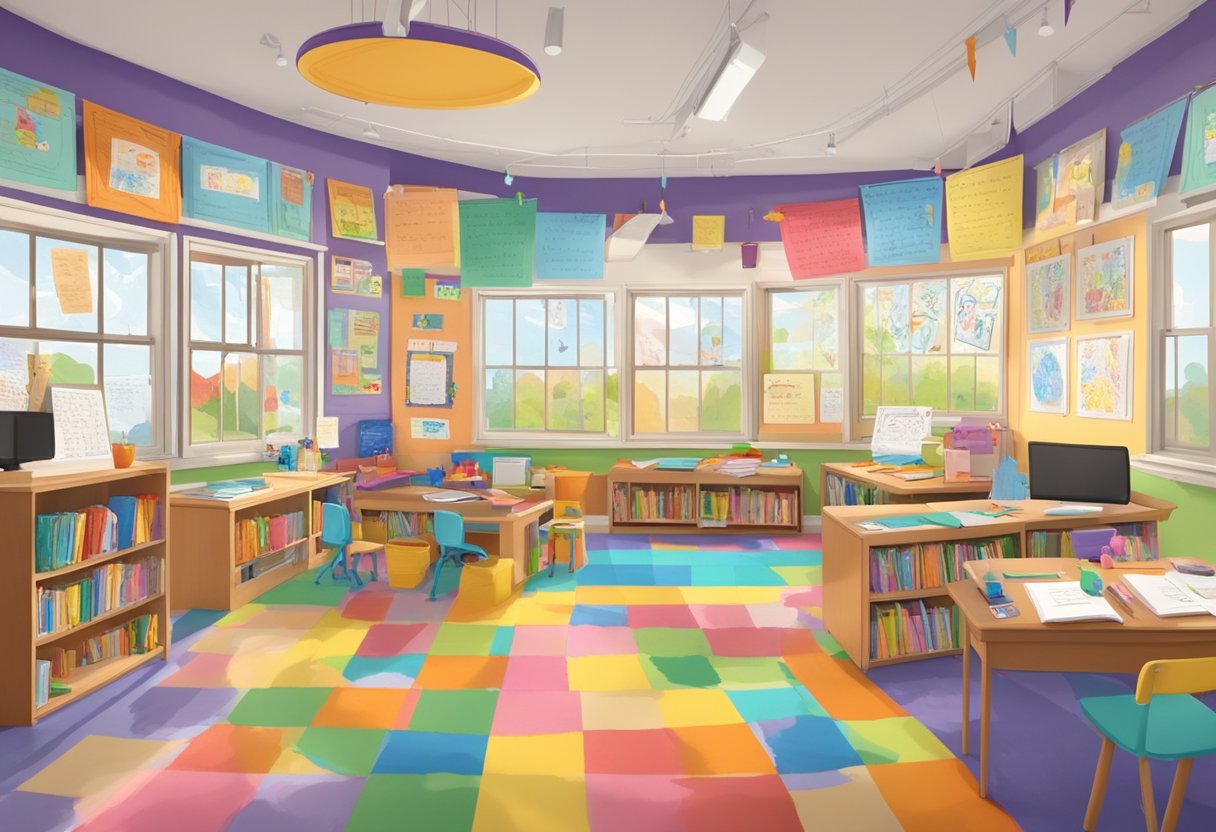 Creative Writing: A colorful classroom with diverse writing materials and books, surrounded by children's artwork and creative writing samples displayed on the walls