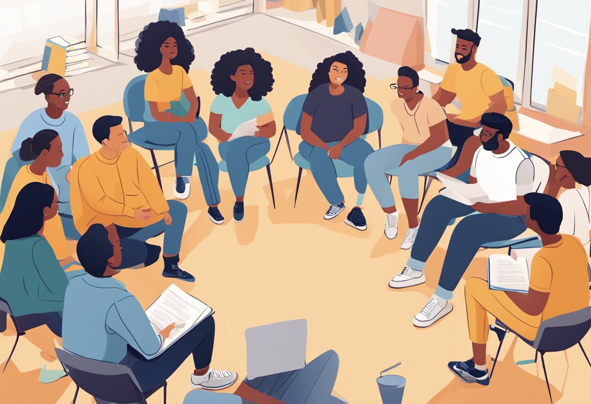 creative writing: A group of diverse students sit in a circle, brainstorming and sharing ideas on innovative approaches to creative writing education. The room is filled with energy and excitement