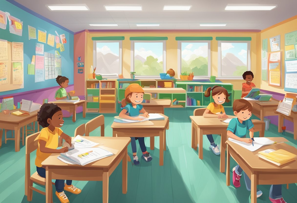 Creative Writing: A classroom setting with children engaged in various writing activities, surrounded by colorful posters and writing prompts on the walls