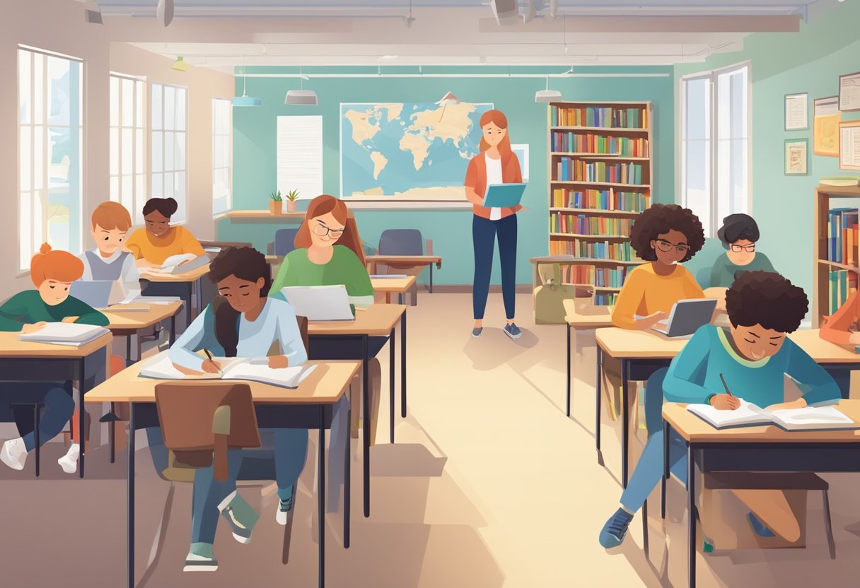 creative writing: A classroom setting with students engaged in various creative writing activities, surrounded by books, writing materials, and modern technology