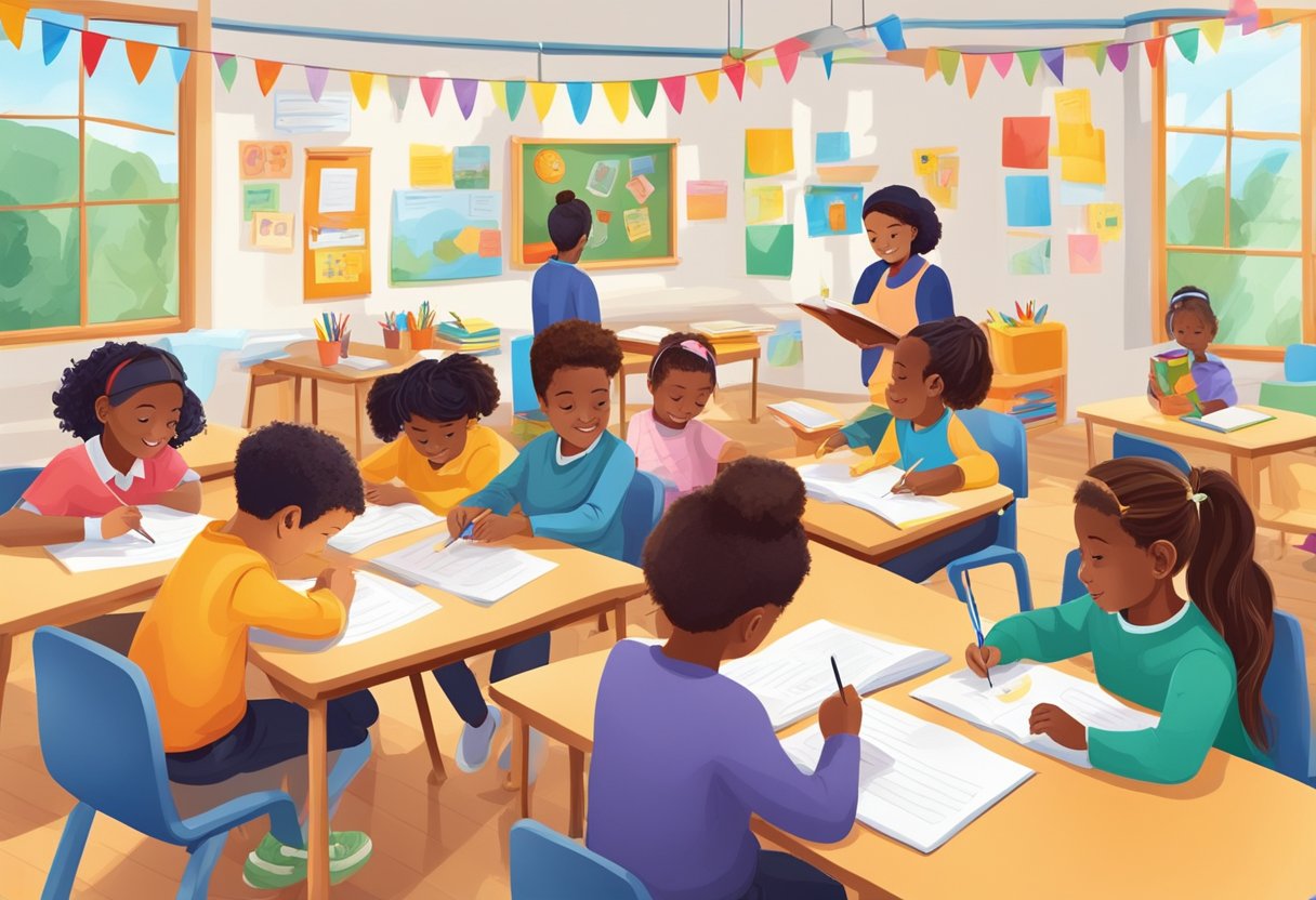 Creative Writing: A group of diverse students engaged in hands-on creative writing activities in a colorful and welcoming primary education classroom