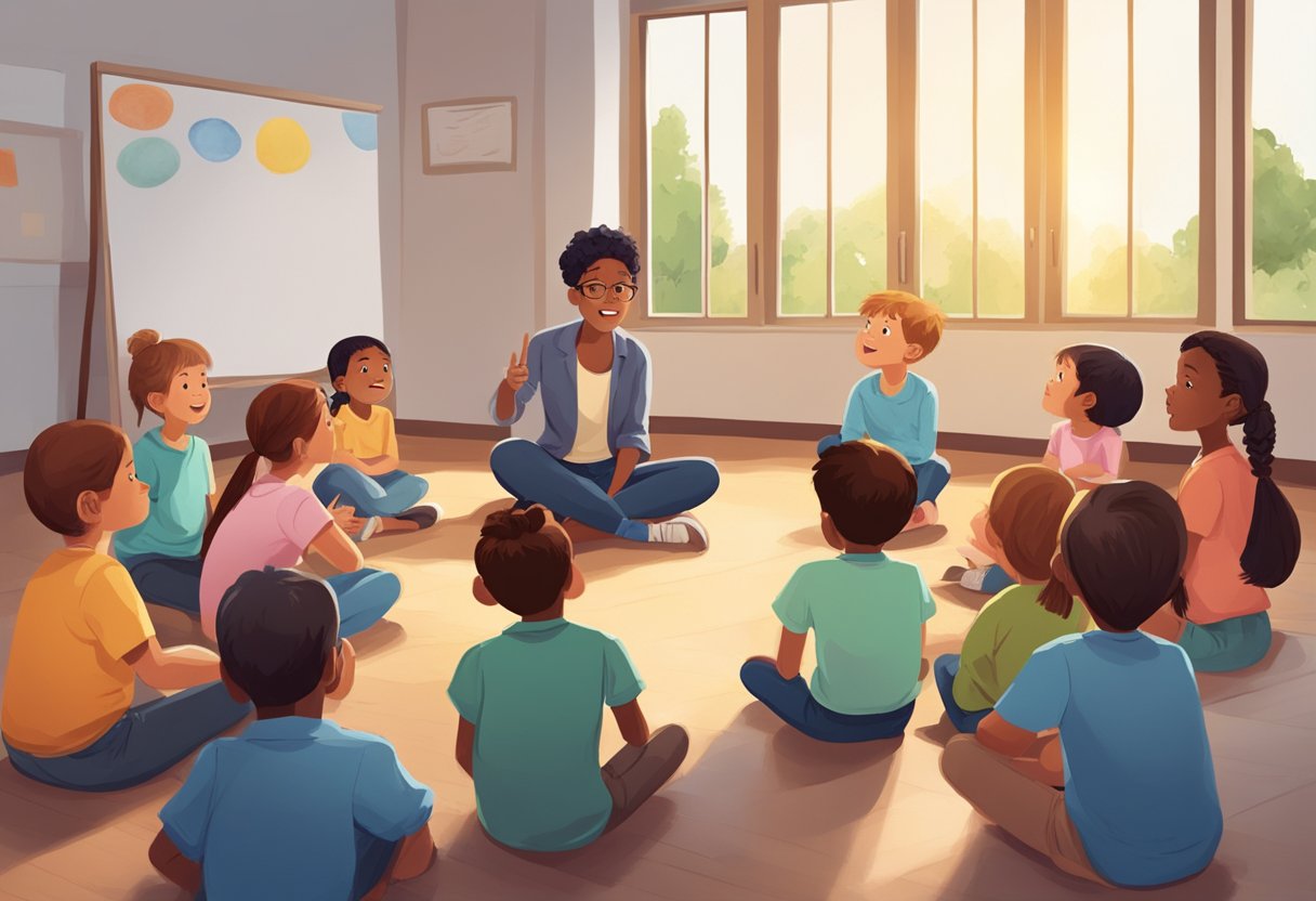 Creative Writing: A group of children sit in a circle, captivated by a teacher telling a story with dramatic gestures and expressions