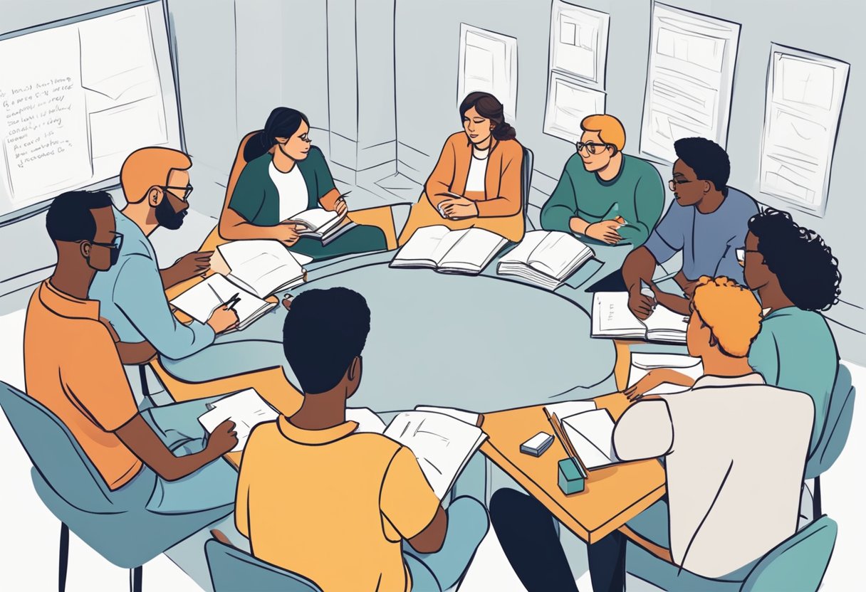 creative writing: A group of writers sit in a circle, notebooks open, as they discuss new trends in creative writing education. A whiteboard displays various writing prompts and techniques