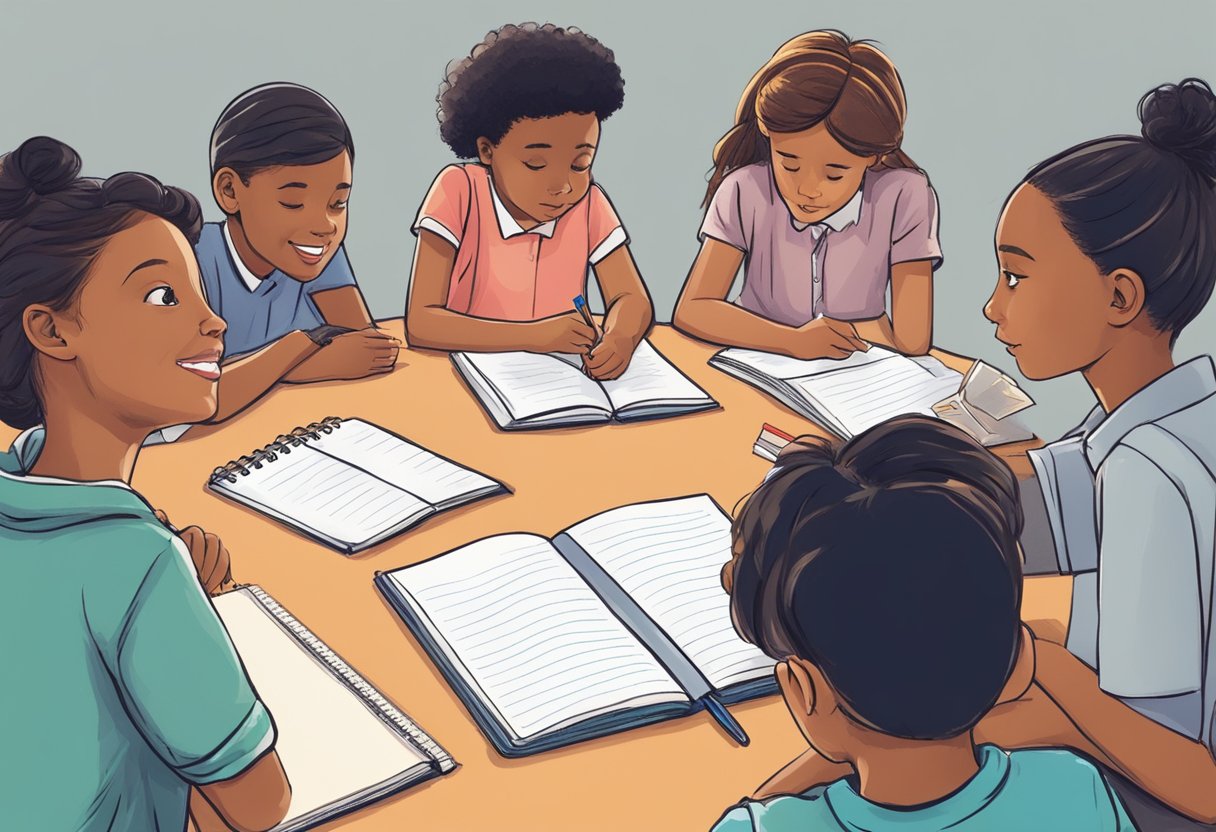 Creative Writing: A group of young students sit in a circle, each with a notebook and pencil, eagerly writing and sharing their imaginative stories. A teacher looks on, encouraging and guiding their creativity