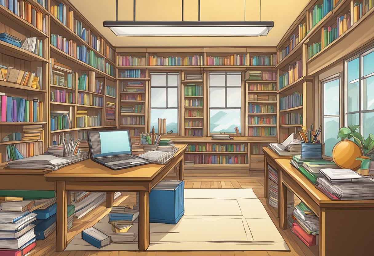 creative writing: A classroom filled with diverse writing tools, from traditional pens and paper to digital tablets, surrounded by books on various writing genres and styles