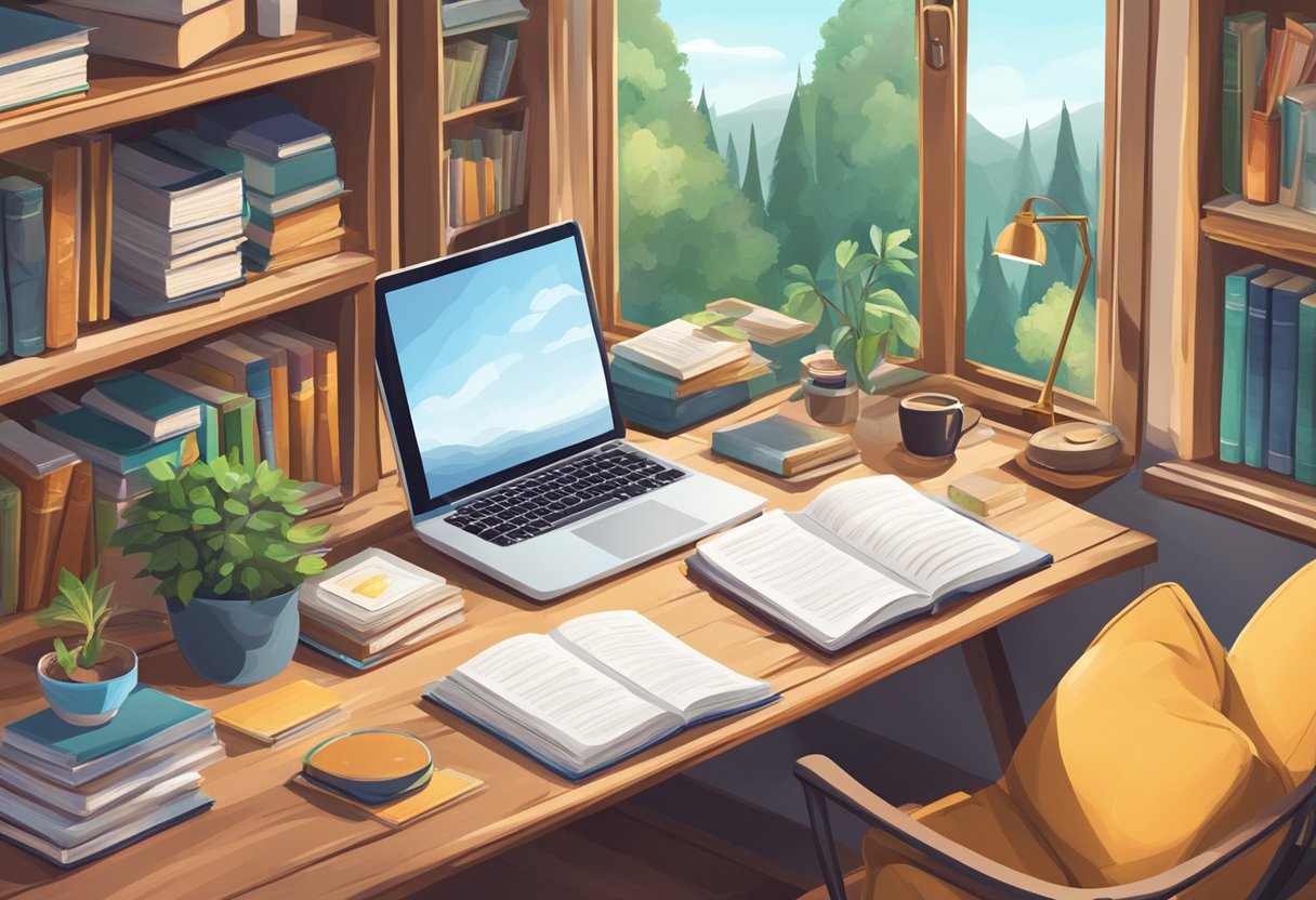 creative writing: A cluttered desk with a laptop, notebooks, and pens. A bookshelf filled with literature and writing guides. A cozy reading nook with a large window and a view of nature