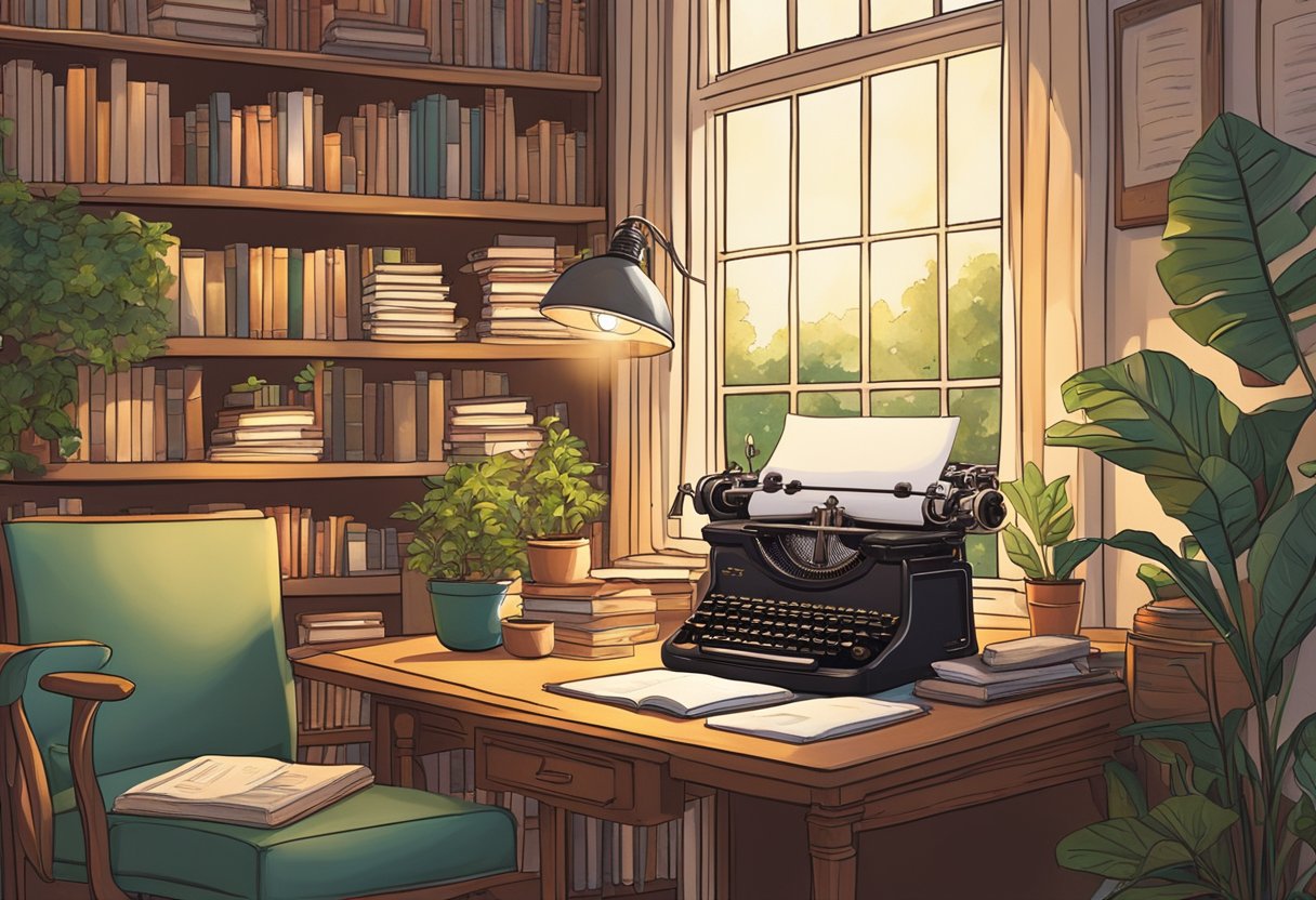 creative writing: A cozy writing nook with a vintage typewriter, a stack of books, and a window overlooking a lush garden. A desk lamp casts a warm glow on the creative space