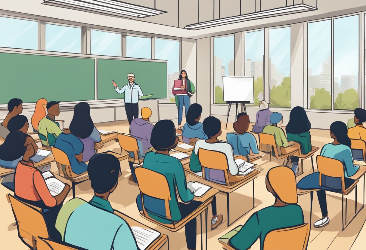 creative writing: A professor lecturing in front of a diverse group of students in a modern classroom with large windows and bookshelves filled with creative writing textbooks