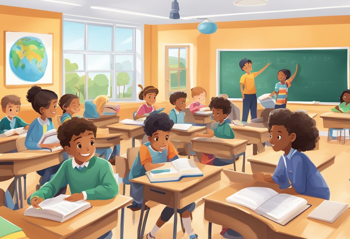 A classroom setting with students engaged in spelling and vocabulary activities. Books, whiteboards, and educational materials are visible