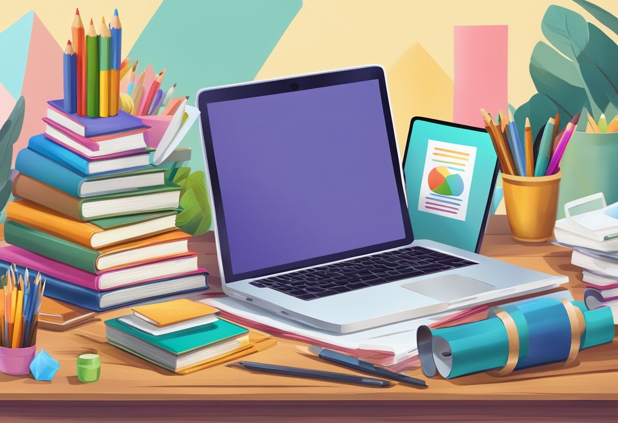 How Creative Writing Supports Cross-Curricular Learning: Unlocking Student Potential Across Subjects Creative Writing LearningMole Creative Writing: A stack of colorful books with various subjects on a wooden desk, surrounded by art supplies and a laptop with a blank screen