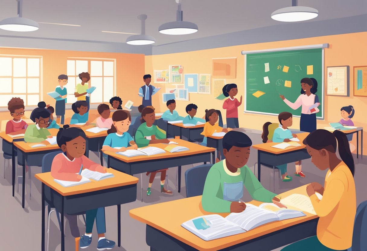 A classroom setting with students engaged in spelling and vocabulary activities, surrounded by books, charts, and word study materials