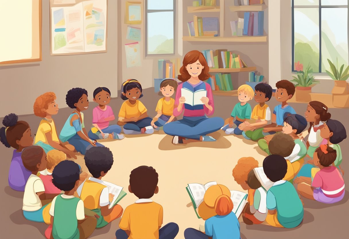 Spelling and Vocabulary: A group of children sitting in a circle, eagerly listening to a teacher reading from a colorful storybook. The children are engaged and animated, pointing to the illustrations and discussing the story