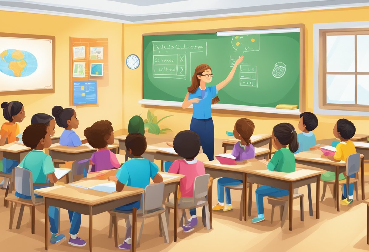 A classroom setting with students engaged in spelling and vocabulary activities, teacher leading the lesson, and educational materials displayed on the walls