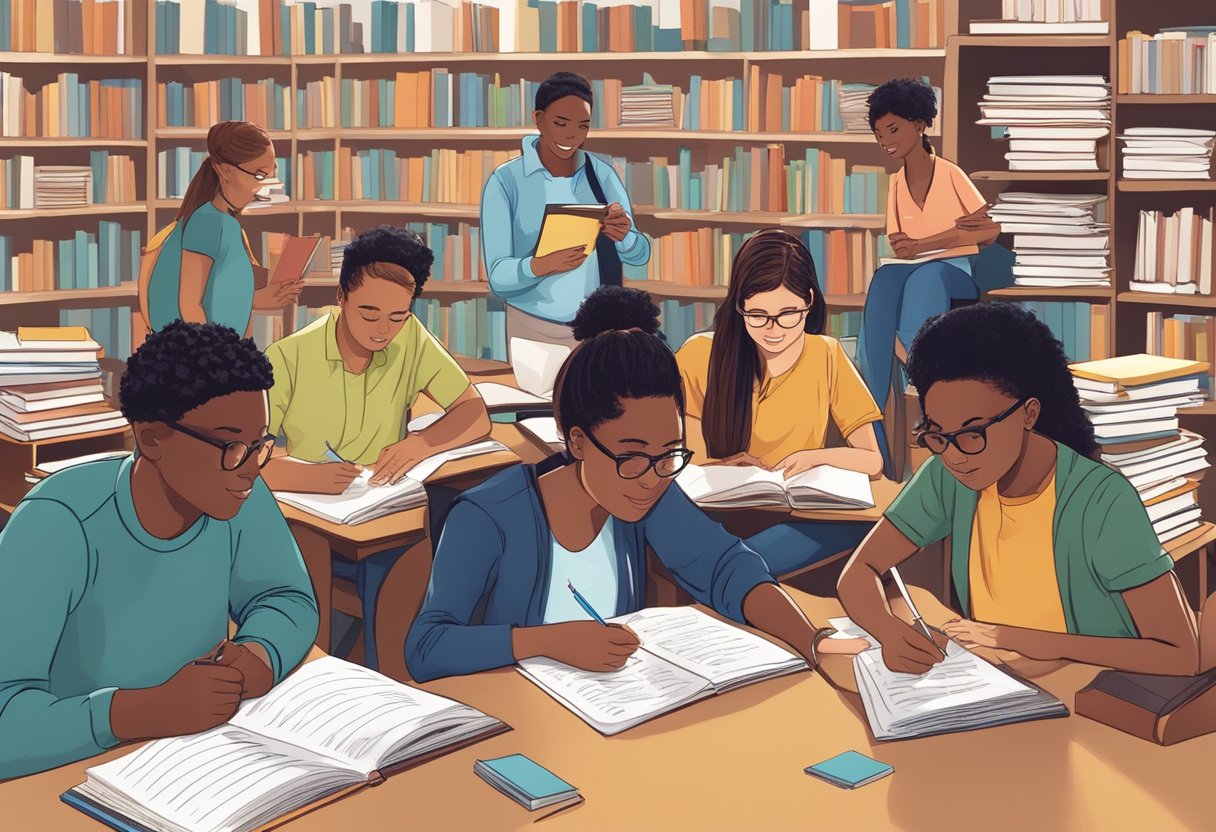 Case Studies: Successful Creative Writing Projects in Schools - Inspiring Young Authors Across the UK creative writing LearningMole creative writing: A diverse group of students engage in a lively discussion while surrounded by stacks of books and writing materials in a classroom setting