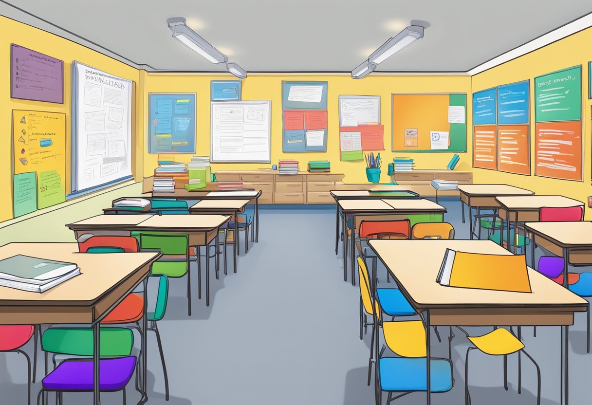 Grammar for Primary: A colorful classroom with grammar posters, books, and a whiteboard filled with examples and rules