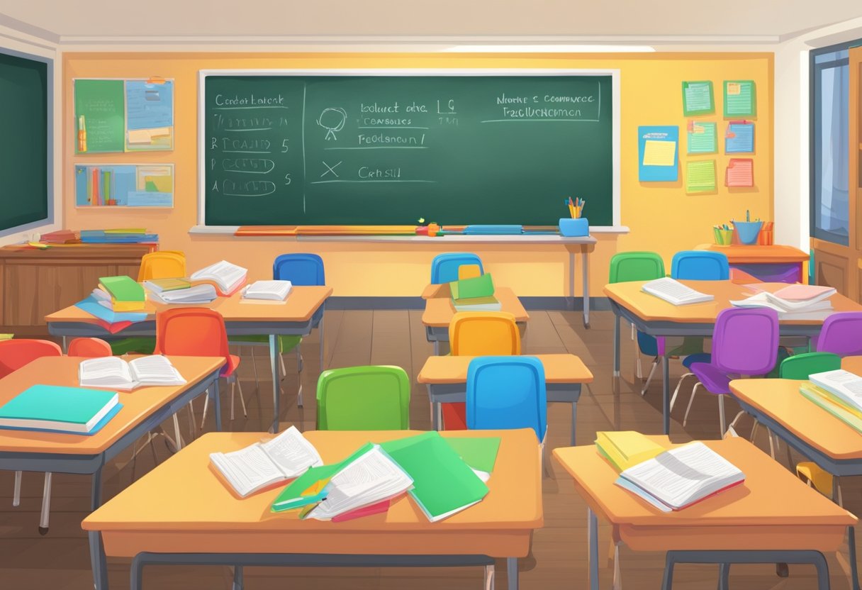 Grammar for Primary: A colorful classroom with grammar posters, books, and a chalkboard. A teacher's desk with grammar worksheets and a group of engaged primary students