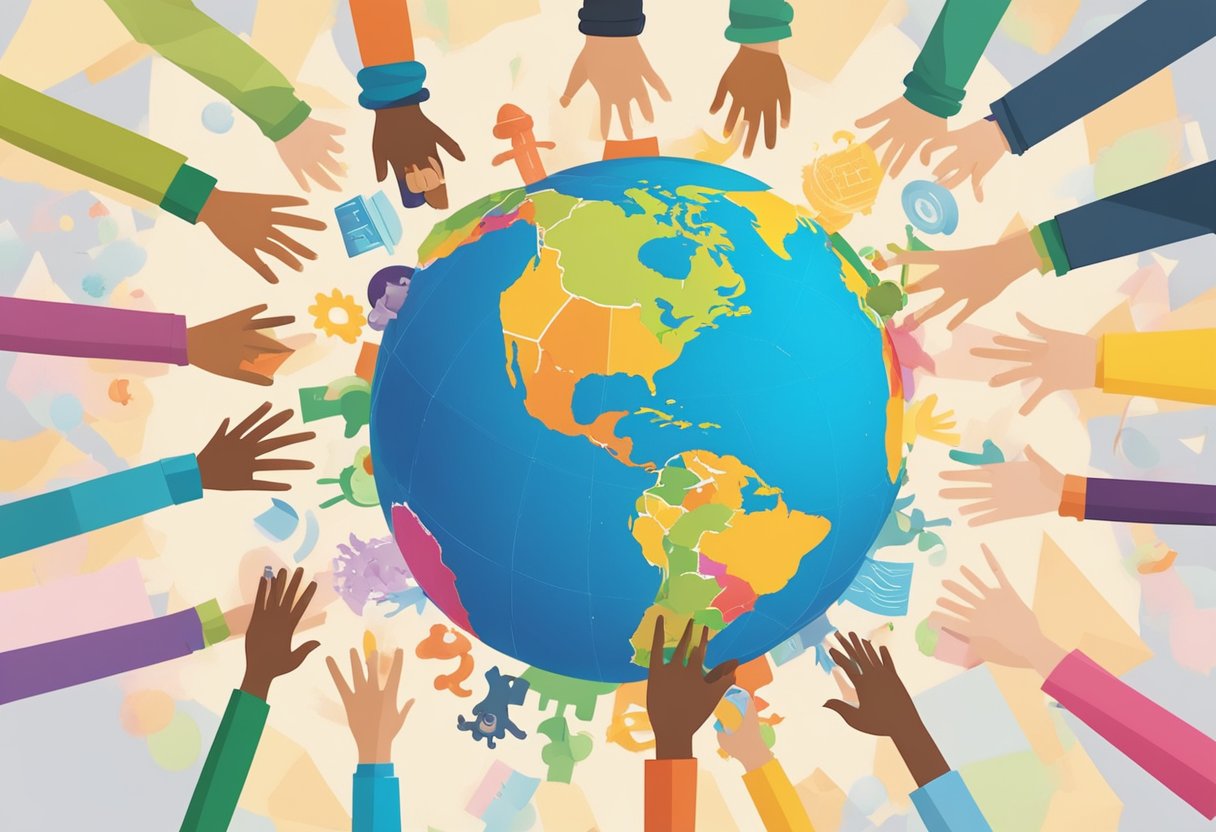 World Languages: A colorful globe surrounded by children from different cultures, with language learning materials scattered around