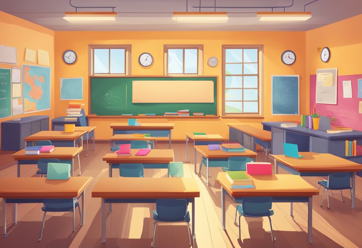 Grammar for Primary: A bright, colorful classroom with a chalkboard, books, and posters on the wall. A teacher's desk is in the front, and students' desks are neatly arranged