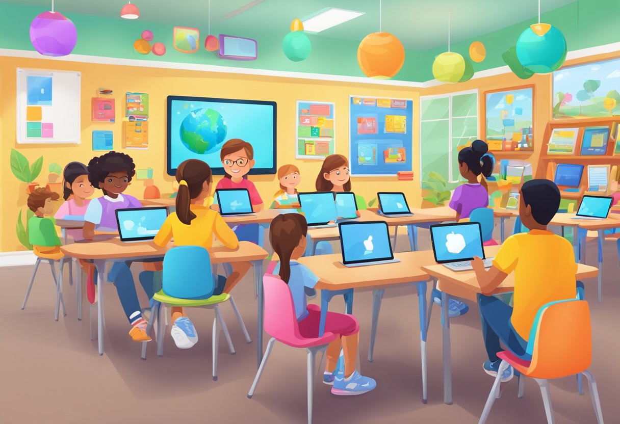 Interactive World Languages Resources: Fun Activities to Captivate Primary School Children World Languages,Language Learning,Languages LearningMole World Languages: A colorful classroom with digital devices, interactive language apps, and engaging visuals for young learners
