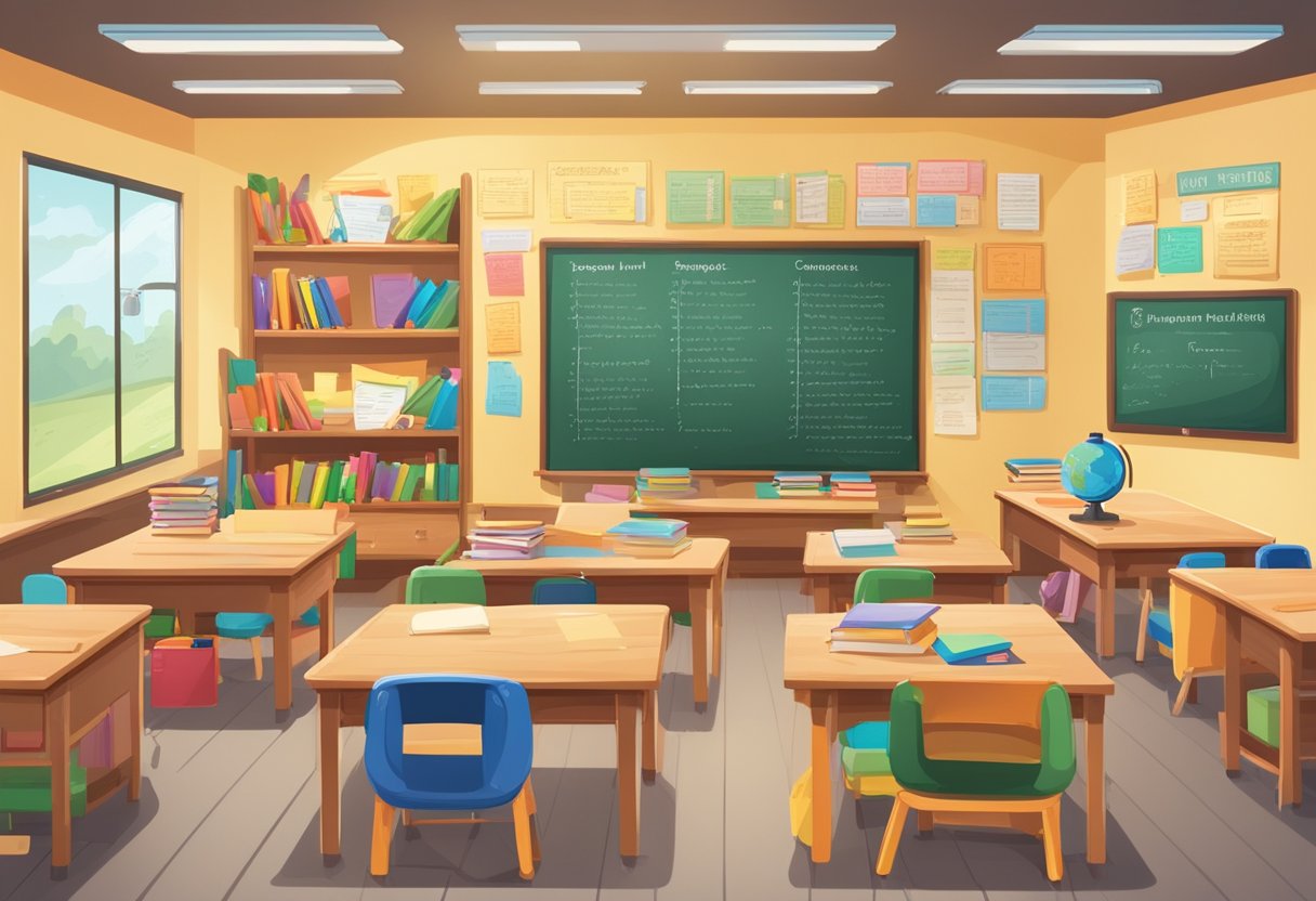 Grammar for Primary: A colorful classroom with diverse grammar posters, books, and learning materials neatly organized on shelves and desks. A large chalkboard displays various grammar rules and examples