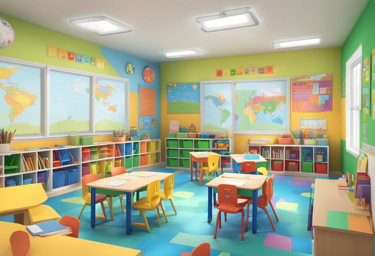 A colorful classroom with children's desks, books, and interactive spelling and vocabulary resources displayed on the walls