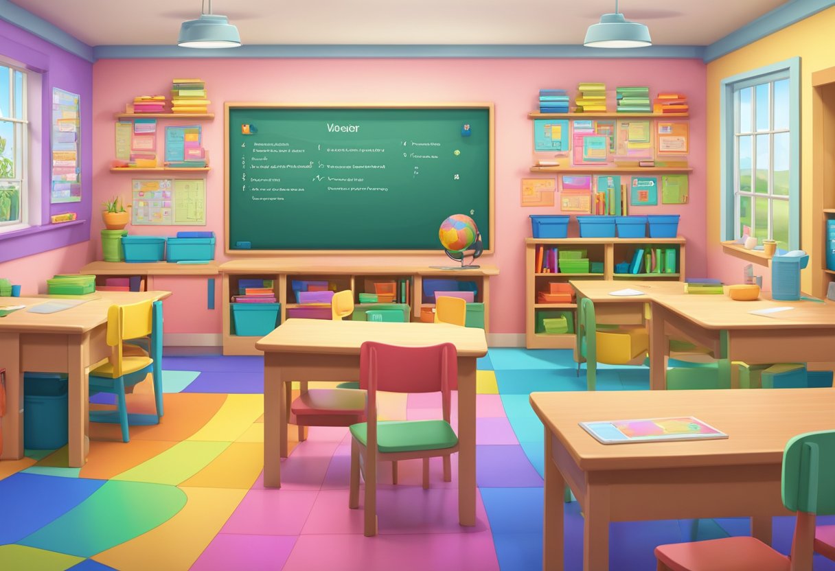 A colorful classroom filled with interactive spelling and vocabulary resources, including word games, flashcards, and a large word wall