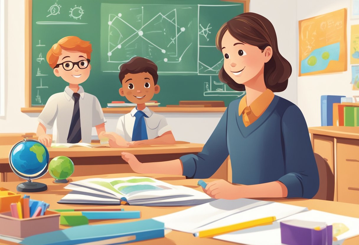 Public speaking: A primary school student confidently presents a science project to classmates and teacher in a brightly lit classroom