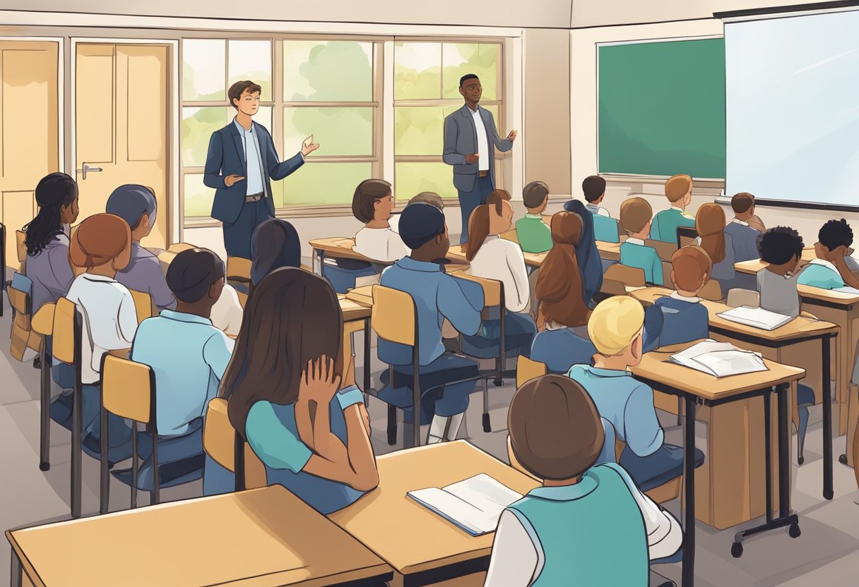 Public speaking: A classroom setting with students standing in front of the class, delivering presentations using visual aids and speaking confidently