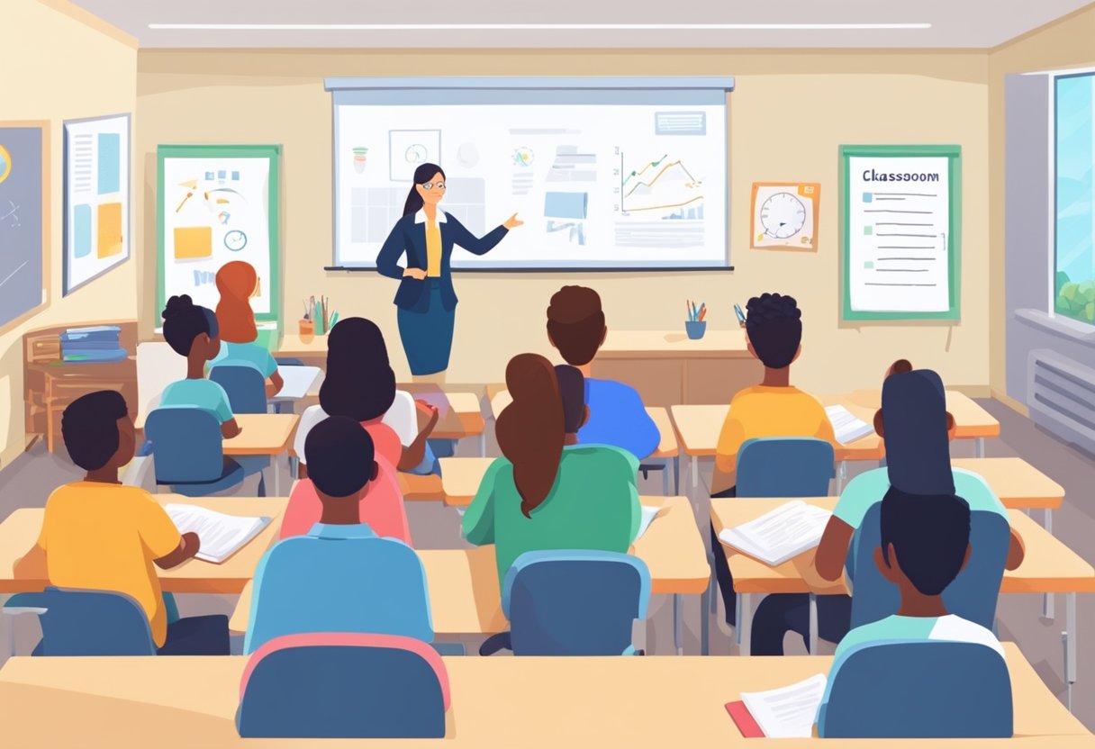 Public speaking: A classroom with a teacher at the front, a whiteboard with speech preparation tips, and students sitting at desks with presentation materials