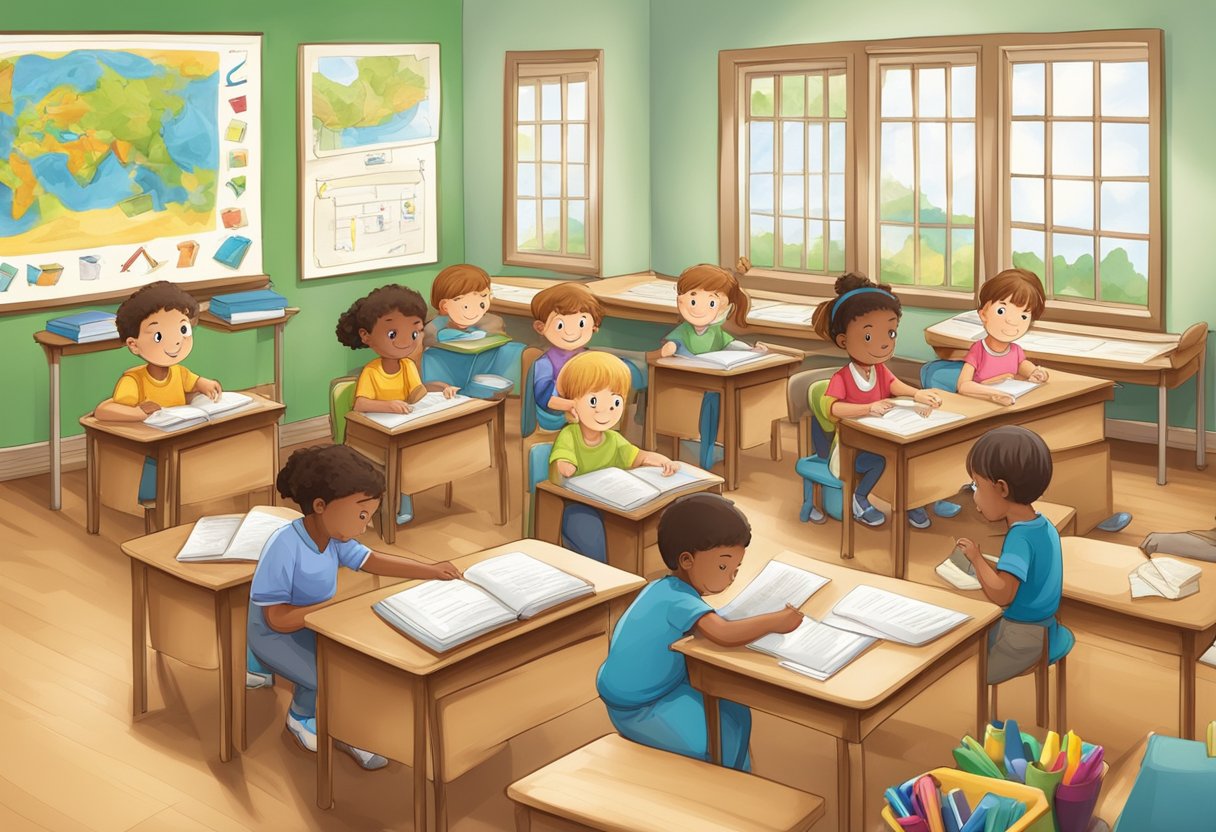 A classroom setting with children using spelling and vocabulary in activities such as writing, reading, and playing educational games