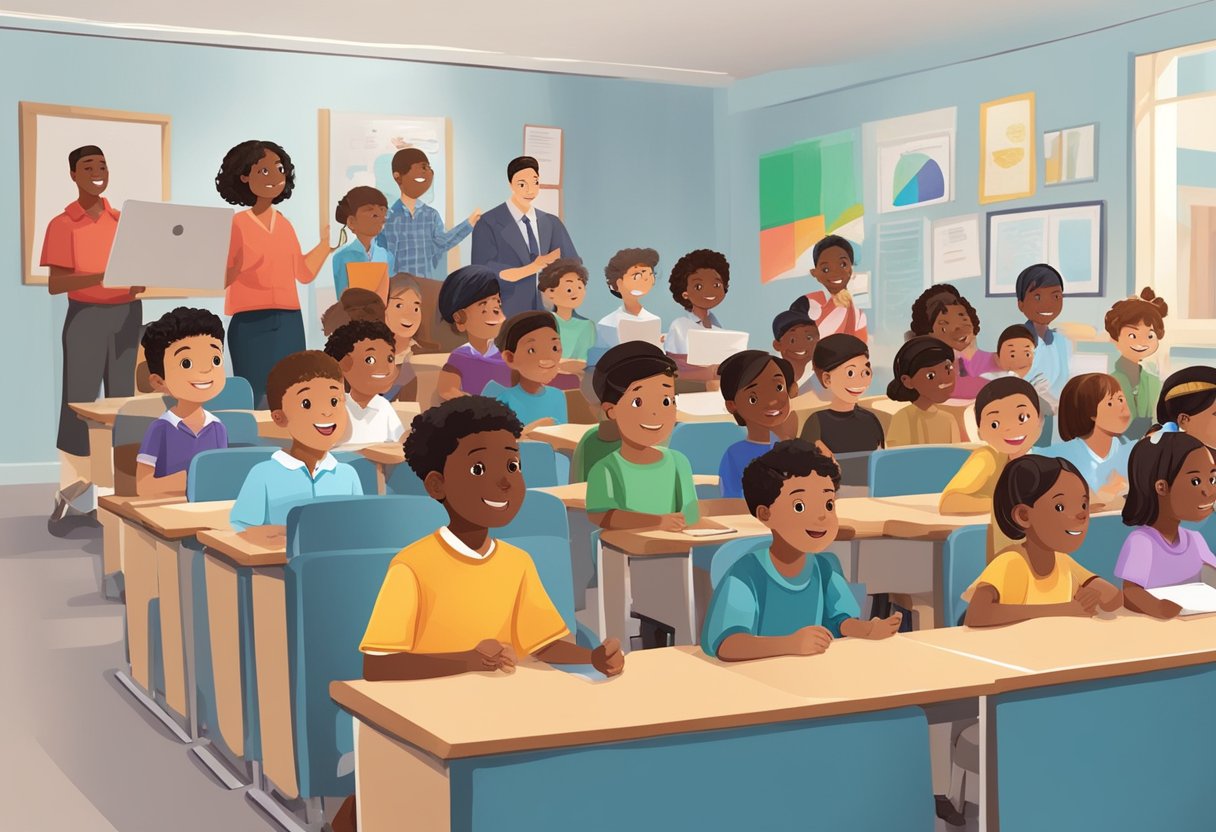 Public speaking: A diverse group of children engage in public speaking and presentations, incorporating elements of various cultures into their topics