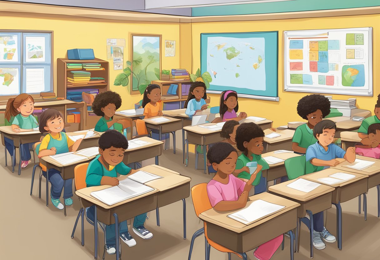 A classroom with students engaged in hands-on spelling and vocabulary activities, using interactive tools and real-life examples