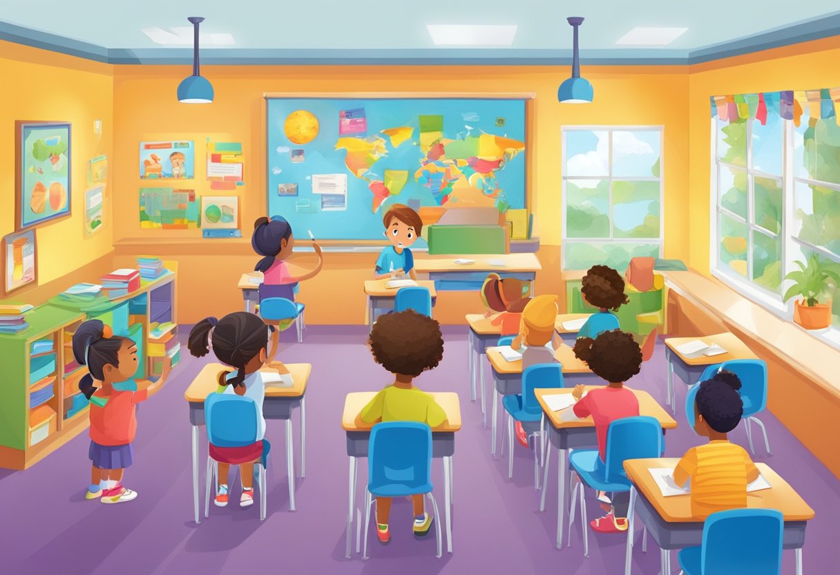 A colorful and vibrant classroom setting with children eagerly participating in interactive spelling and vocabulary activities