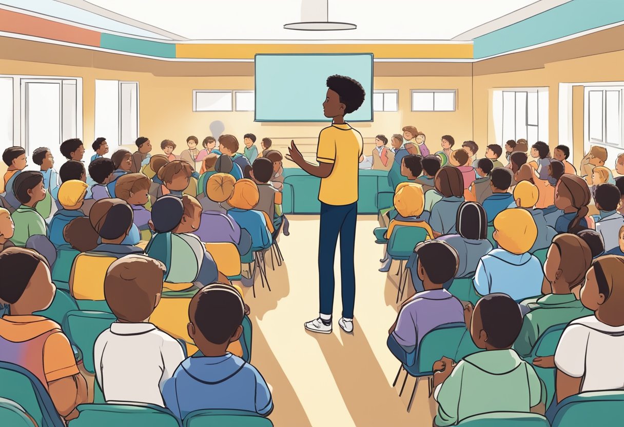 Public speaking: A young student confidently addresses a diverse audience in a school assembly, using gestures and visual aids to communicate effectively